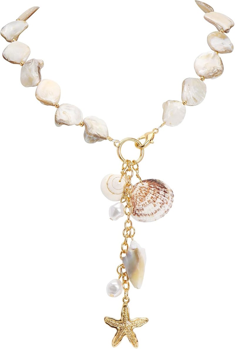 Bocar Statement Shell Bib Choker Necklace for Women Chunky Natural Freshwater Shell Conch Starfish Pearl Pendent Costume Collar Beach Necklace - Image 1